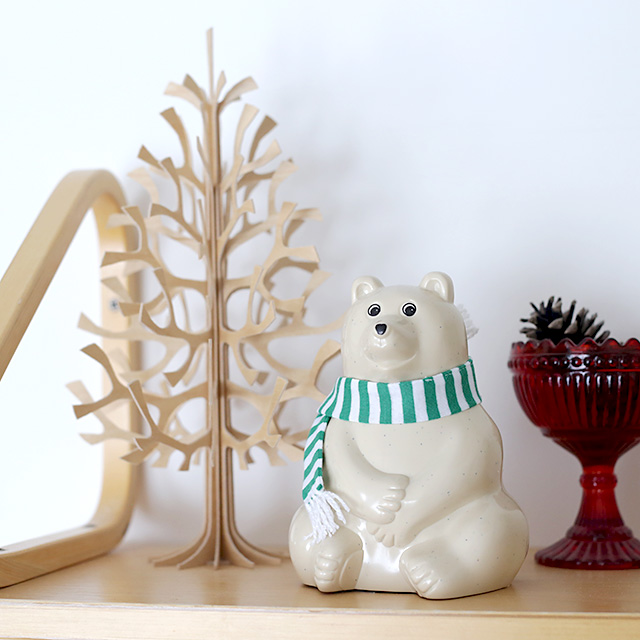 【2017年限定】しろくま貯金箱｜グリーン（フリンジ白）ボーダーマフラー付き Polar Bear Money Box